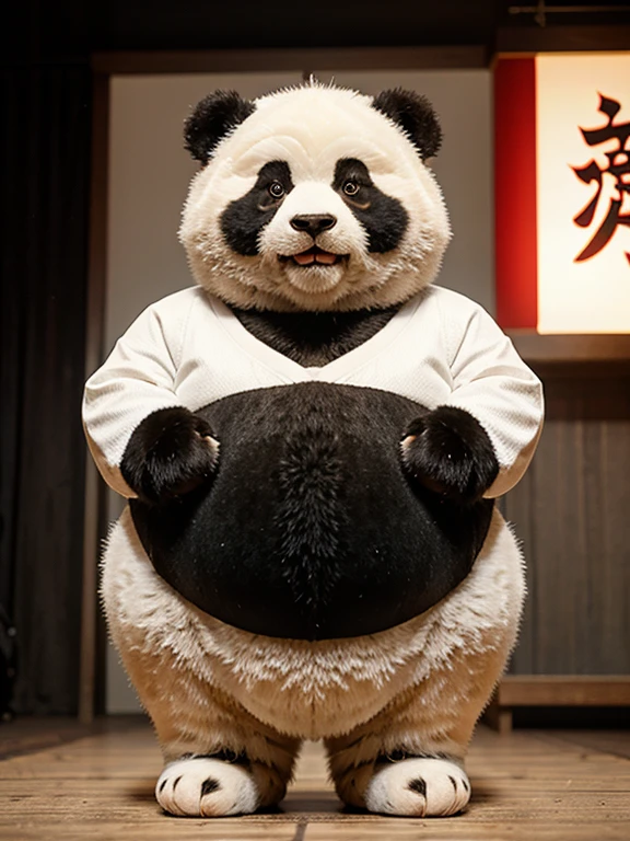 1 chubby sumo wrestling panda, wearing traditional sumo clothing

