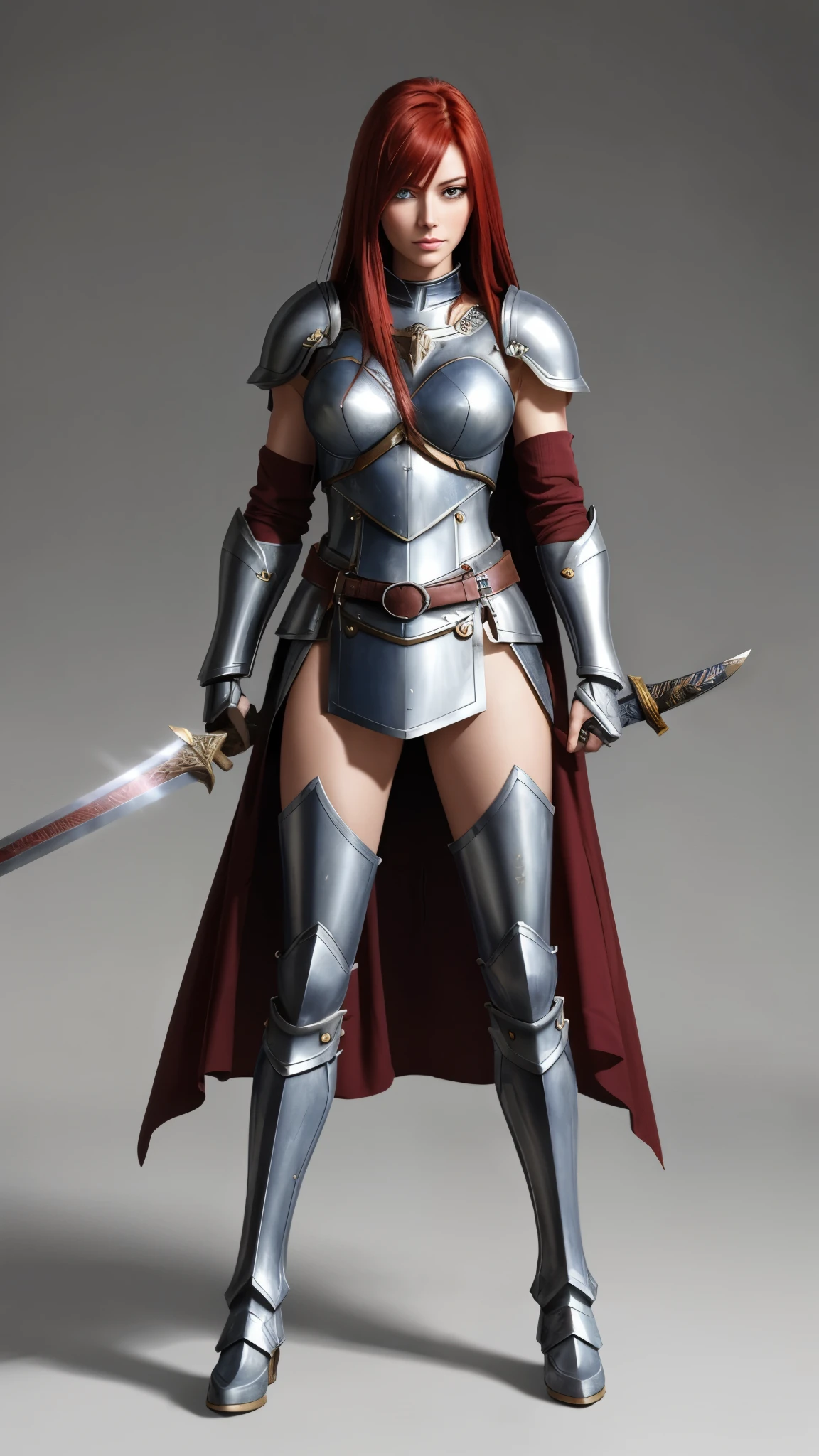 ,Erza, 1girl, red hair, blue skirt, pauldrons, holding sword, brown eyes, shoulder armor, hair between eyes, holding weapon, full body, thighhighs, greaves, knight, looking at viewer, breastplate, gauntlets, white background, belt, long hair, armored boots,simple background
,masterpiece, best quality, animerza