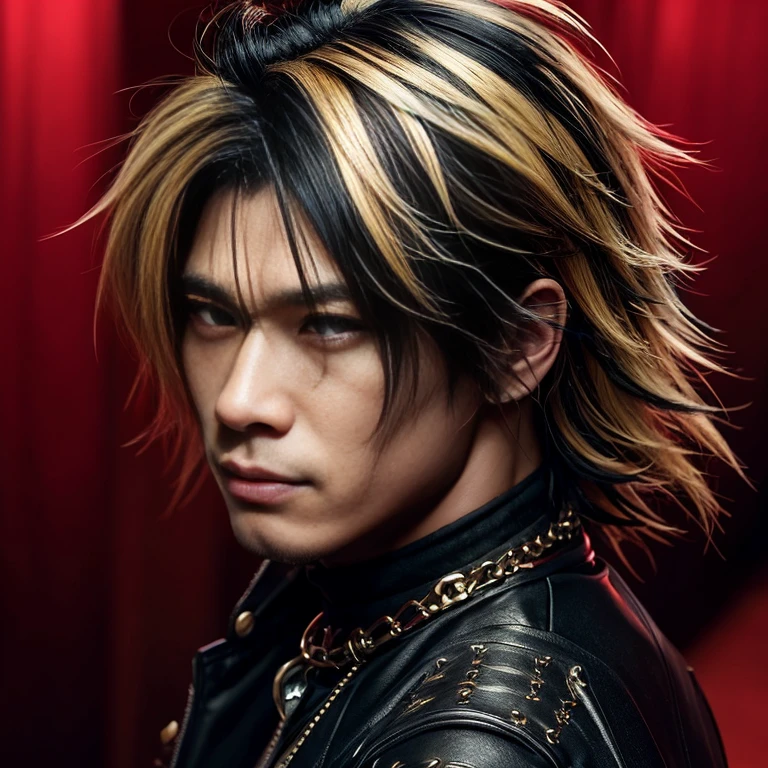 1 man, Japanese man, male, Asian eyes, muscular, broad shoulders, dragon,hairstyle Visual Kei style, hair Visual Kei, black men's shirt and black pants, ultra detailed face, hyperrealistic, realistic representation, 30 years old, ,age 30 years, Blonde hair, long hair.