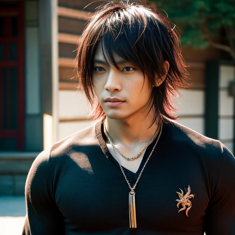 1 man, Japanese man, male, Asian eyes, muscular, broad shoulders, dragon,hairstyle Visual Kei style, hair Visual Kei, black men's shirt and black pants, ultra detailed face, hyperrealistic, realistic representation, 30 years old, ,age 30 years, Blonde hair, long hair.
