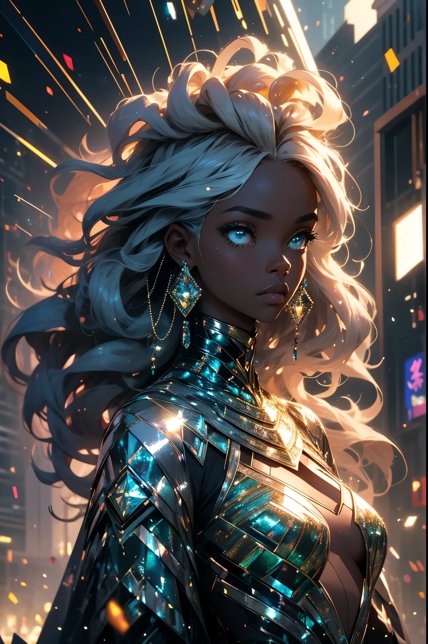 Half body shot of black woman surrounded by glittering bursting mirror glass particles, dressed in african designed attire, her image partially blurry, blue eyes and curly hair, standing in a city with abstract building infrastructures, glittering and shimmering light reflecting on the mirror glass particles providing a beautiful and atmospheric scenery, beautiful and moody images, green, grey and silver colour grading.