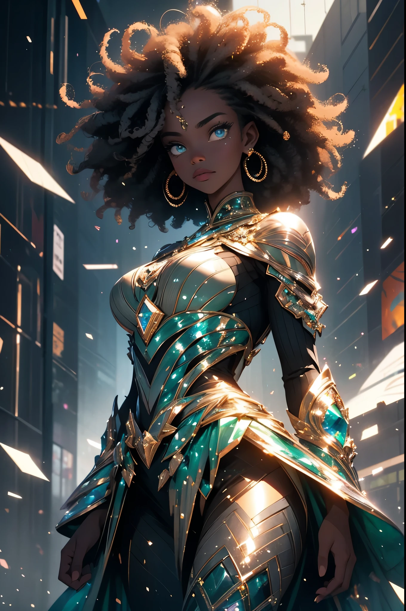 Half body shot of black woman surrounded by glittering bursting mirror glass particles, dressed in african designed attire, her image partially blurry, blue eyes and curly hair, standing in a city with abstract building infrastructures, glittering and shimmering light reflecting on the mirror glass particles providing a beautiful and atmospheric scenery, beautiful and moody images, green, grey and silver colour grading.