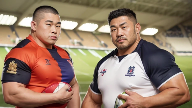 (wearing rugby uniform:1.4), (at rugby ground:1.2), 40's, Japanese man, Chinese man, Korean man, Taiwanese man, manly face, fat face, (round face:1.4), (monolid eyes:1.2), (buzz cut:1.4), very large and strong body, bulky body, beefy muscles, (bulging muscles:1.4), (very large pectoral muscles:1.4), (muscular arms:1.4), muscular abs, muscular legs, muscular back, brightens oily skin, master piece, (realistic:1.4), panorama, distant view