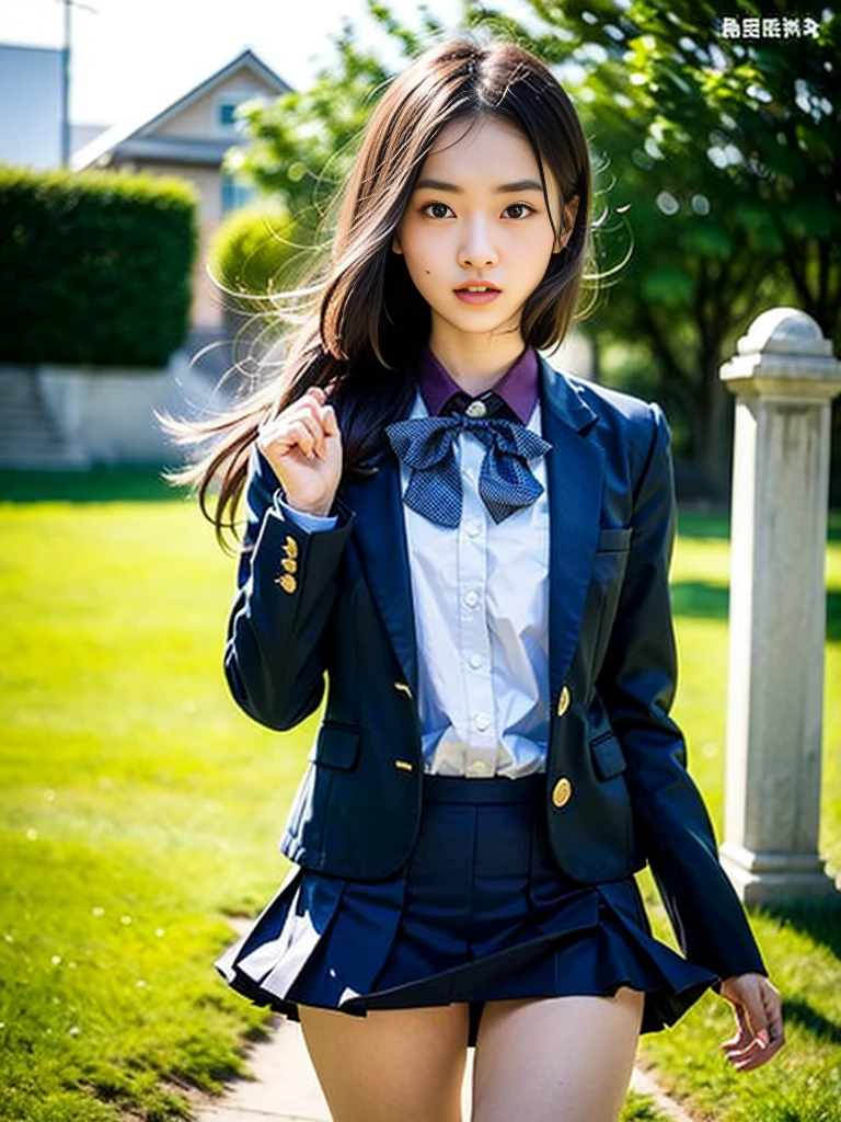 
(masterpiece, highest quality:1.4), award-winning portraits, 8K, 85mm, alone, beautiful face, delicate girl, , (dark navy blazer jacket), dark navy skirt, long sleeve, violaces, gardenia, grace, Sophisticated, cute, teen, looking at the viewer, 15 years old, Raw photo, disorganized, HDR, sharp focus, A bow tie, background bokeh、(((flat 、thin and delicate body、A childish atmosphere)))、Her shiny semi-long hair is tied up、hair swaying in the wind、Mole on the left cheek、large, round, dark blue eyes、full body、random pose、Run、sprinting、Skirt fluttering in the wind、Junior idol、Nogizaka Idol、widening skirt、jump、mole under eye、sexy、white panties