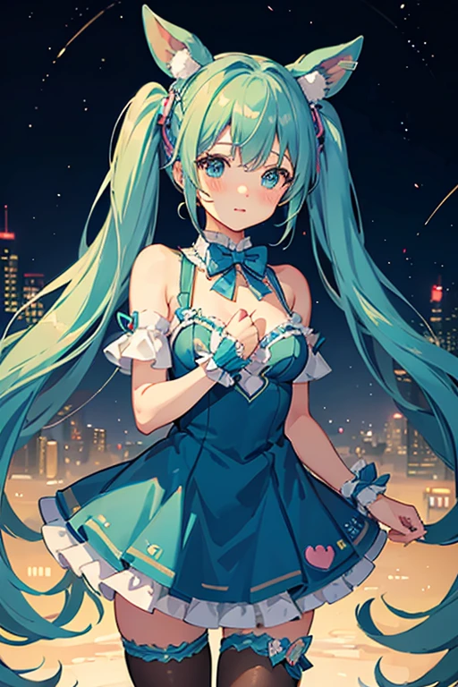 masterpiece、best image quality、超A high resolution、miku hatsune、blue hair、twin tails、blush、Cute and shy、bunny girl costume、Breasts wearing rabbit ears、well-shaped chest、ladies tights、night
