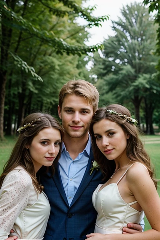 three people together, man in the middle, blonde in the right side, brunette in the left side, wedding background