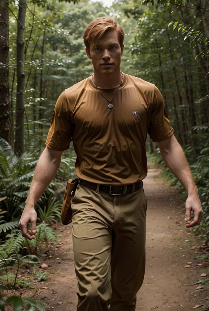 Ginger Hair teen with fit build, work as a ranger. Very tall, handsome. He looks cool well built and athletic. He looks capable and able to run long distance. He is good in any weather. Current setting in a dense forest and figjtimg to save pokemon.