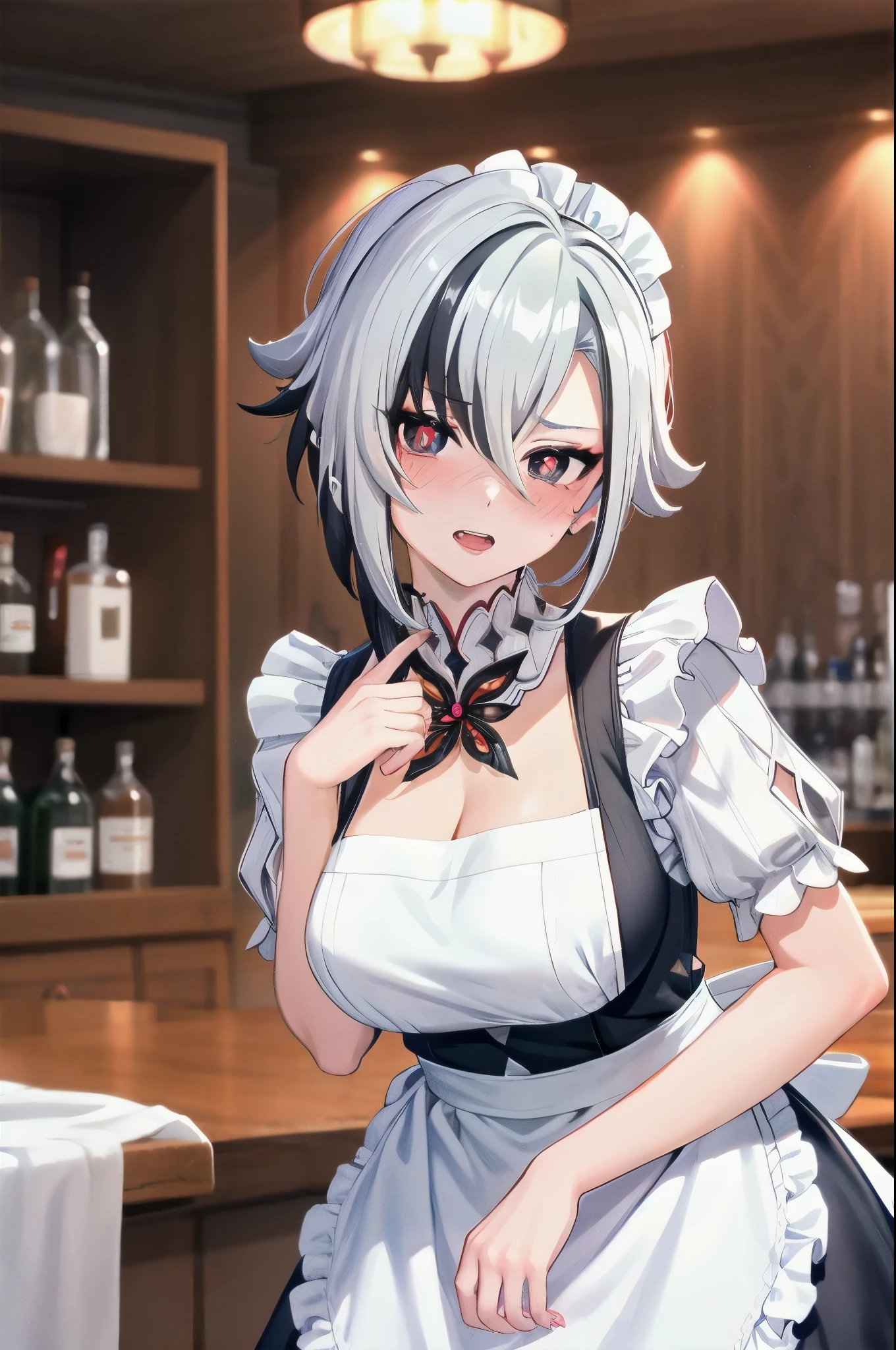 1girl, arlecchino \(genshin impact\), maid, maid headdress, maid apron, embarrassed, open mouth, blush, light frown, looking at viewer, x-shaped pupils, black eyes, cowboy shot, bar \(place\), indoors, depth of field