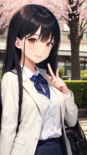 highest quality、realistic、Japanese、2people、Girls standing side by side making peace sign、looking at the camera、cute、smile、orange eyes、long hair、all back、black hair、Forehead is coming out、white blazer、white blouse、Blue checked pleated skirt、Cherry tree in full bloom