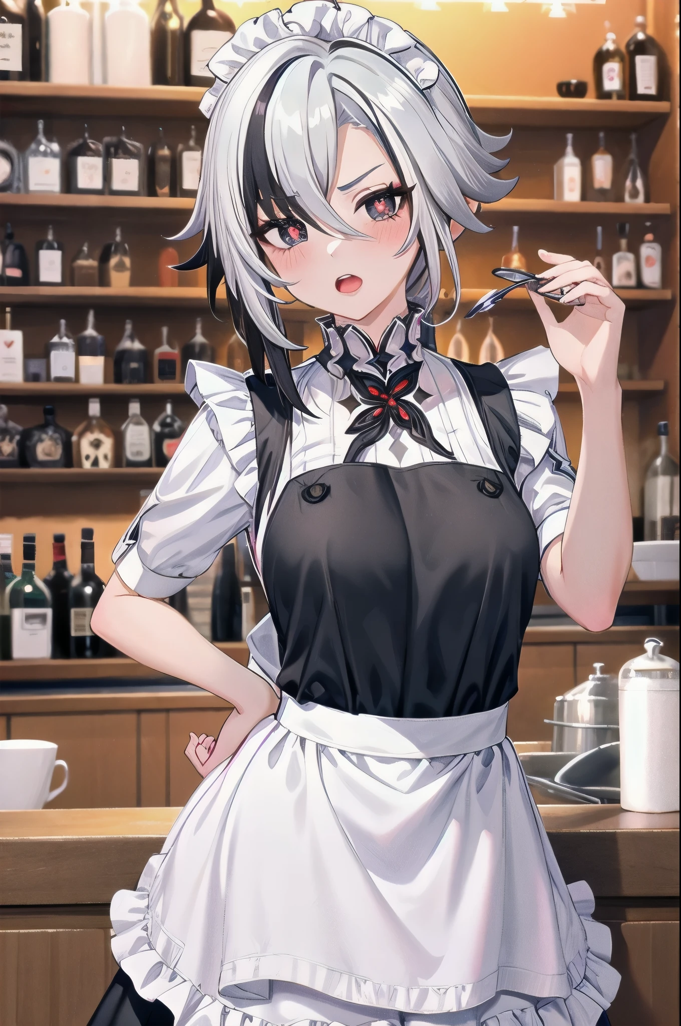 1girl, arlecchino \(genshin impact\), maid, maid headdress, maid apron, embarrassed, open mouth, blush, light frown, looking at viewer, x-shaped pupils, black eyes, cowboy shot, bar \(place\), indoors, depth of field