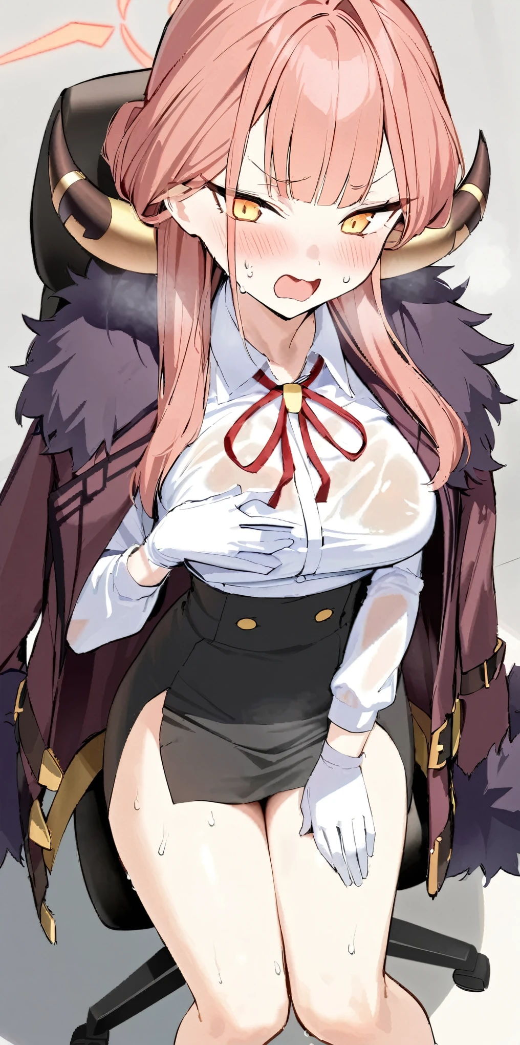 masterpiece,highres,ARU_\(BLUE_ARCHIVE\),SOLO,HORNS,WHITE_GLOVES,HALO,LONG_HAIR,FUR_TRIM,SHIRT,WHITE_SHIRT,BLACK_SKIRT,NECK_RIBBON,COLLARED_SHIRT,YELLOW_EYES,HIGH-WAIST_SKIRT,FUR-TRIMMED_COAT,JACKET,PINK_HAIR,JACKET_ON_SHOULDERS,FUR-TRIMMED_JACKET, sweating,wet clothes,steam,sitting,thigh,wet thigh,thigh together,blush,frown,open mouth,heavy breathing,hand on breasts,hand on thigh,from above,cleavge,in the office,sitting on office chair