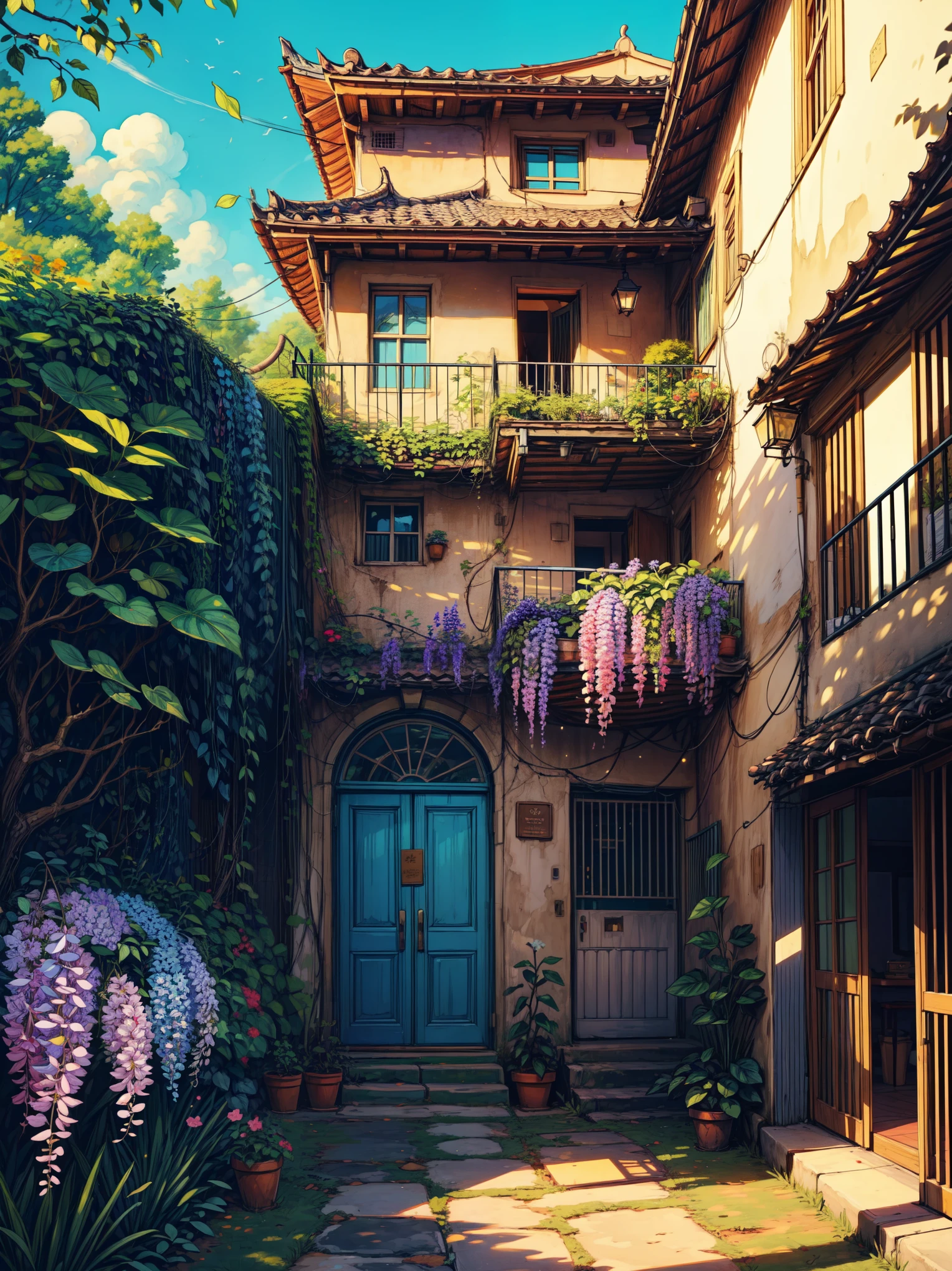 wide view, long spiral staircase, Bougainvillea flowers, wisteria Trees, leaves, day light, picket fences, blue sky, shadow, shade, light shine on part of foliage, micro landscape, day time, shade, intrinsic details