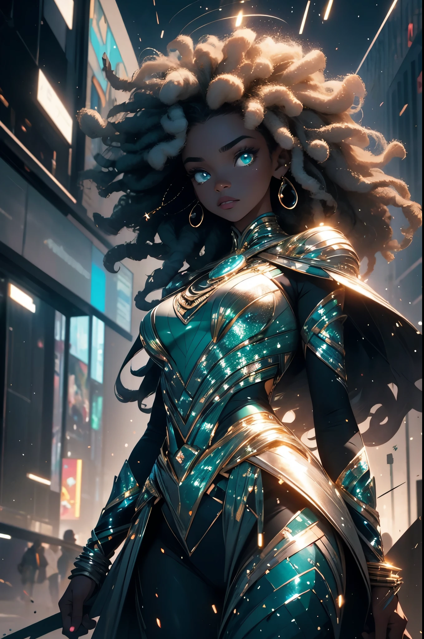 Half body shot of black woman surrounded by glittering bursting mirror glass particles, dressed in african designed attire, her image partially blurry, blue eyes and curly hair, standing in a city with abstract building infrastructures,  glittering and shimmering light reflecting on the mirror glass particles providing a beautiful and atmospheric scenery, beautiful and moody images, green, grey and silver colour grading.