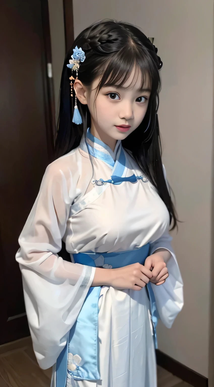 Wet body v- hanfu silk thin cloth. Master quality, highest quality, best picture quality, exaggerated details, a princess cute 8 asian with a shy expression, slightly squinted eyes, adjusting her hair, long eyelashes (long hair / very, very exaggerated big breasts, big / in hanfu pentticoat thin qipao dress, short skirt), posing in front of the camera, wet throught breast Petticoat