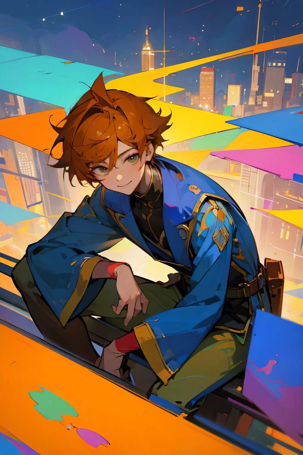 1 Male,  male, An artist, Sitting on a platform, colorful background city, Stunning light from distant brightens the scene, smile face, paintbrush, Casts a deep shadow on the clothes, colorful clothes, masterpiece, close up