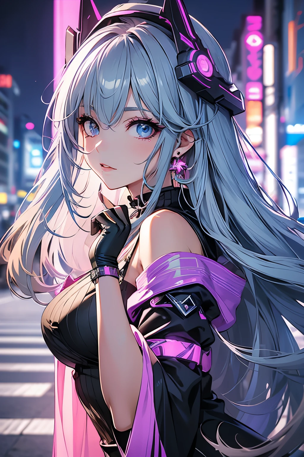 ultra quality,detailed, masterpiece, 16k, high resolution, beautiful, amazing, charming, elegant, stylish
BREAK
1 girl, 24 years old, Height is 164cm, ((Bust size is 88cm))
BREAK
(Long Hairstyle: 1.3), Beautiful and delicate flowing hair,(Delicate ,detailed ,(purple|Green|Blue|Pink|Red|yellow|Gray) eyes: 1.2), sparkling eyes, (glowing eyes), (magic eyes)
BREAK
(colorful loose hoodie:1.2), Futuristic outfit, cyber costume
BREAK
cyber punk, Vibrant, Futuristic, Neon lights, High-rise buildings, Holographic advertisements
