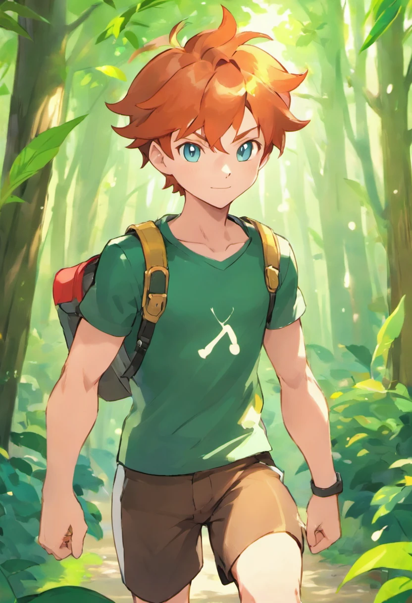 Ginger Hair  with fit build, work as a ranger. Very tall, handsome. He looks cool well built and athletic. He looks capable and able to run long distance. He is good in any weather. Current setting in a dense forest and figjtimg to save pokemon.