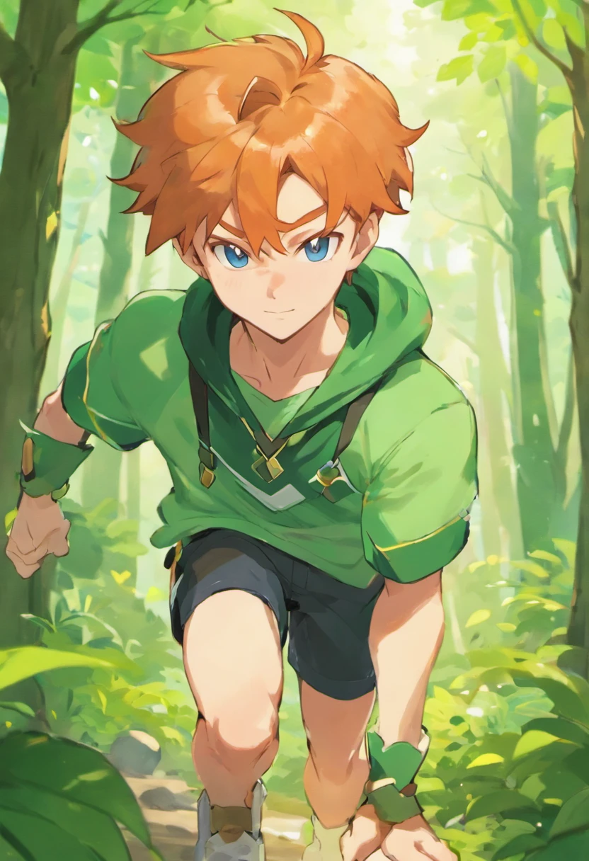 Ginger Hair teen with fit build, work as a ranger. Very tall, handsome. He looks cool well built and athletic. He looks capable and able to run long distance. He is good in any weather. Current setting in a dense forest and figjtimg to save pokemon.