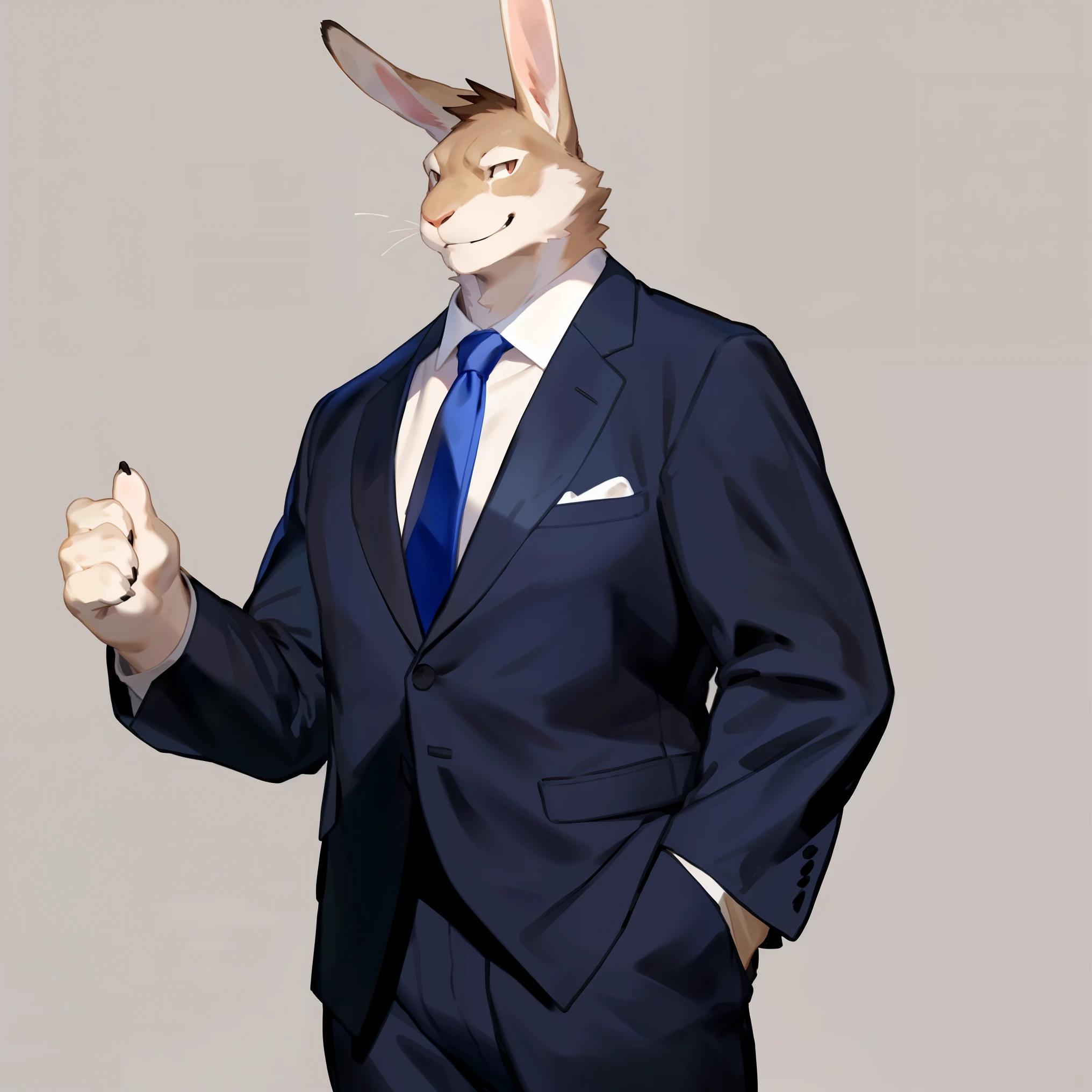 By bebebebebe, by buta99, by chunie, solo, male, rabbit, white rabbit, (muscular), tall, long ears, smirking, suit, short hair, (snout),