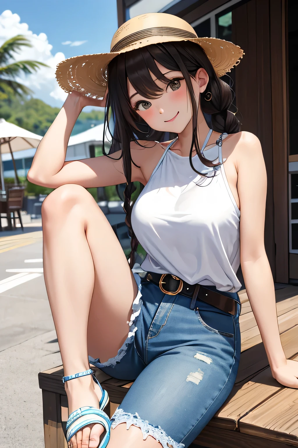 (highest quality:1.4)、High resolution、detailed background)、(detailed beautiful face:1.4)、anatomically correct、beautiful and smooth skin、skin texture、professional lighting、beautiful age girl、(two beautiful girls)、(huge breasts:1.3)、
brown hair、braided bob、braided ponytail、braided hairstyles、inner color hair、realistic、perfect body line、attractive thighs、Attractive big buttocks、sunny day、cowboy shot、
(Two beautiful girls relaxing in a cozy cafe lounge:1.5)、
Stylish interior and delicious drinks、It's even more appealing if you have a selection of sweets.、
Have fun、A big smile、smile、sexual expression、cute、
Pair a lightweight camisole top with denim shorts for a casual, summery look.、
Tops with fringe or lace details will make you look even more stylish.、
Pair a loose, oversized t-shirt with colorful summer leggings for a trendy sporty look.、Wear sneakers or sandals for a lighter look、
Light floral and striped dresses are perfect for the summer sun.、
A belt around the waist creates a more feminine silhouette.、
Ruffle tops give a feminine and cute impression.、
Pair it with a denim skirt for a perfect balance of sweetness and casualness.、
Resort style at the beach or pool is also popular.、
Colorful bikinis and one-piece dresses with beach sandals and straw hats、
Wear sunglasses and enjoy the summer vacation mood.、cute