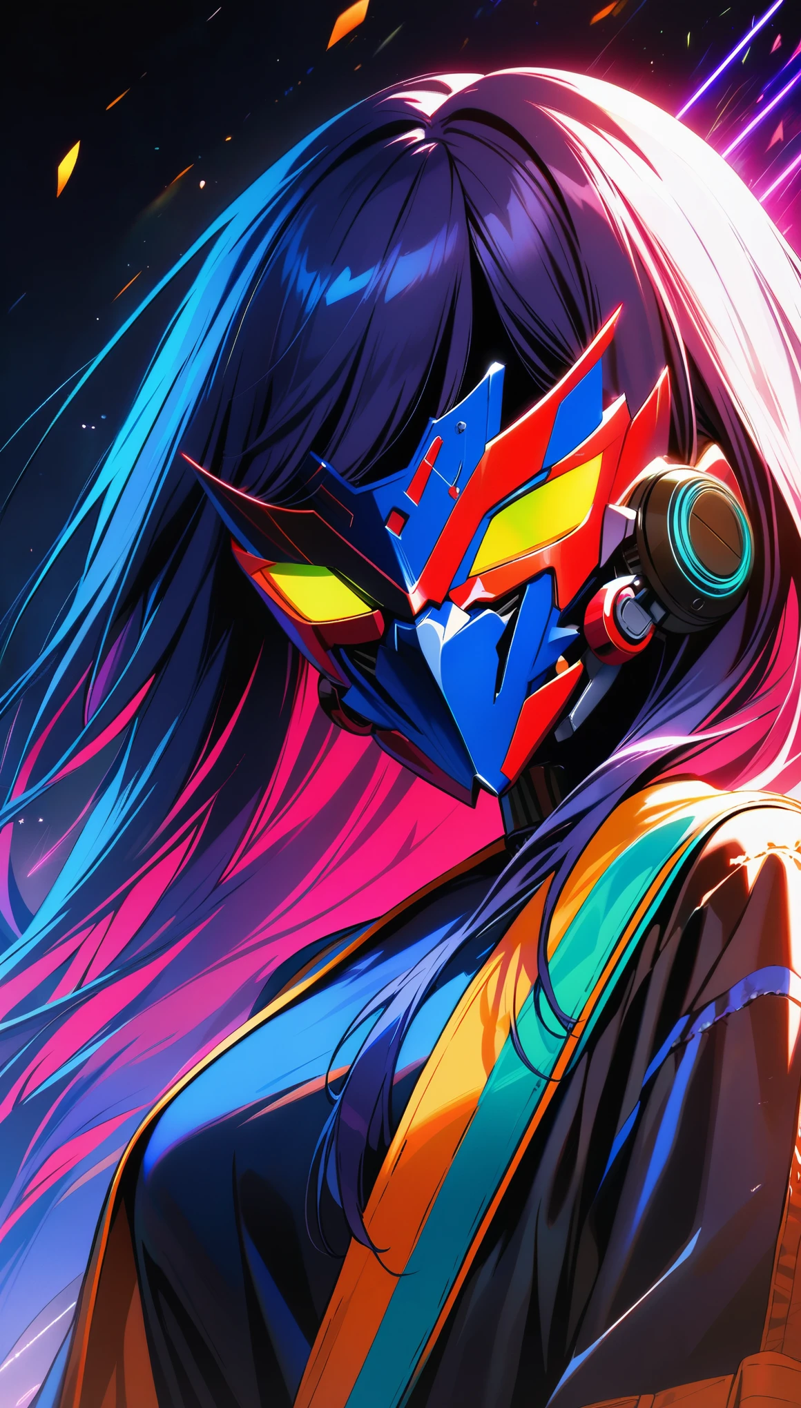Masterpiece, close-up, top quality, best quality, official art, beauty and aesthetics: 1.2), light painting, dynamic stripes, vibrant colors, charming patterns, creative experiments, glowing trajectories, 1Girl, masks, mechanical masks, nanomaterials, global lighting, extreme detail, (science fiction: 1.3), colorful, highest detail, movie lights, (cowboy lens: 1.2)