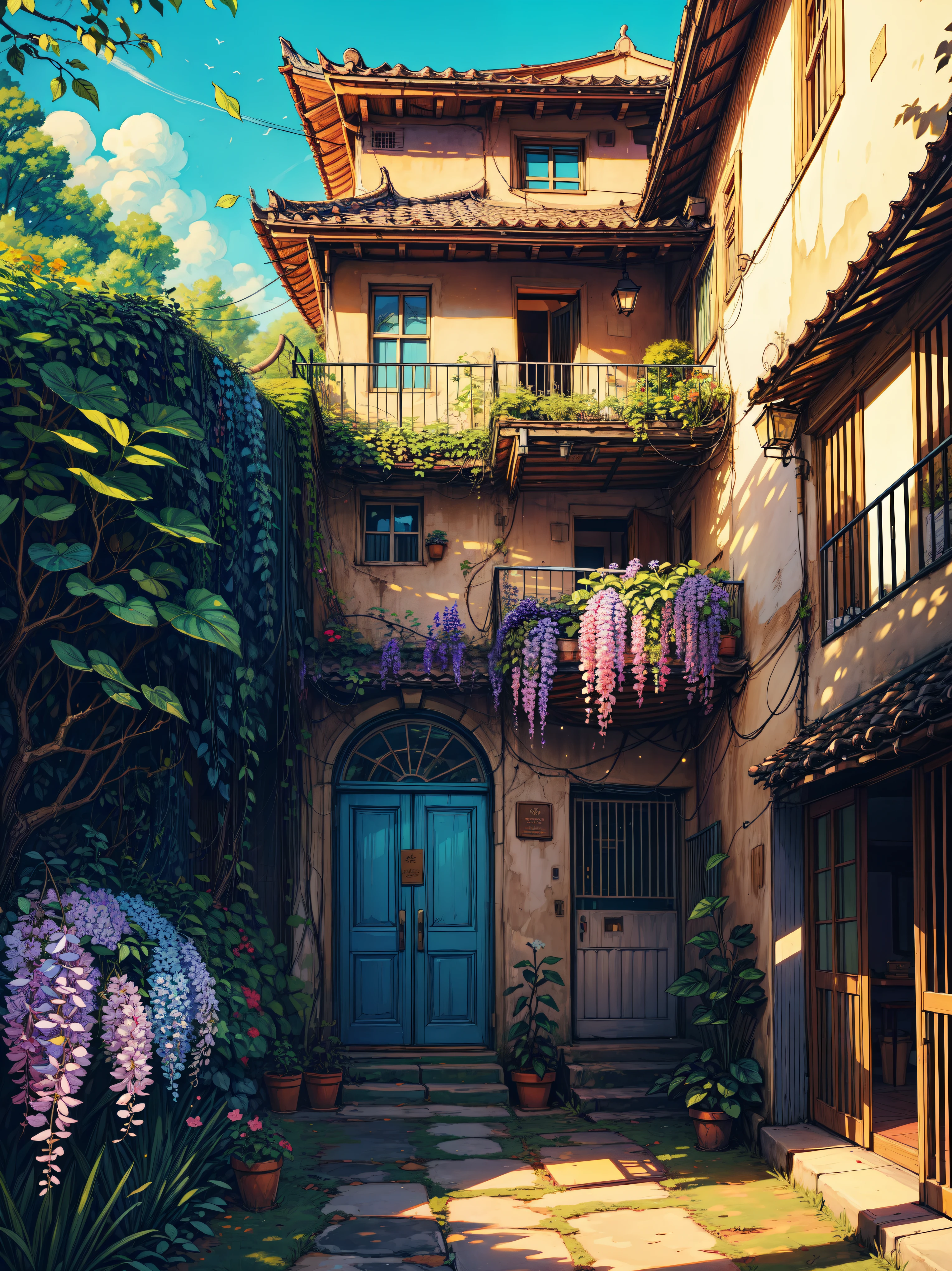 wide view, long spiral staircase, Bougainvillea flowers, wisteria Trees, leaves, day light, picket fences, blue sky, shadow, shade, light shine on part of foliage, micro landscape, day time, shade, intrinsic details