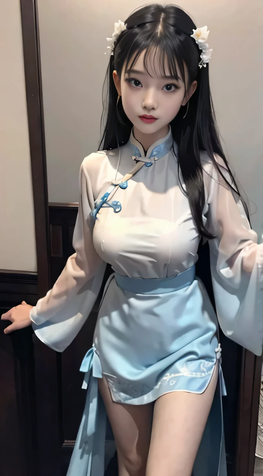 Wet body v- hanfu silk thin cloth. Master quality, highest quality, best picture quality, exaggerated details, a princess cute 8 year old asian with a shy expression, slightly squinted eyes, adjusting her hair, long eyelashes (long hair / very, very exaggerated big breasts, big / in hanfu pentticoat thin qipao dress, short skirt), posing in front of the camera, wet throught breast Petticoat