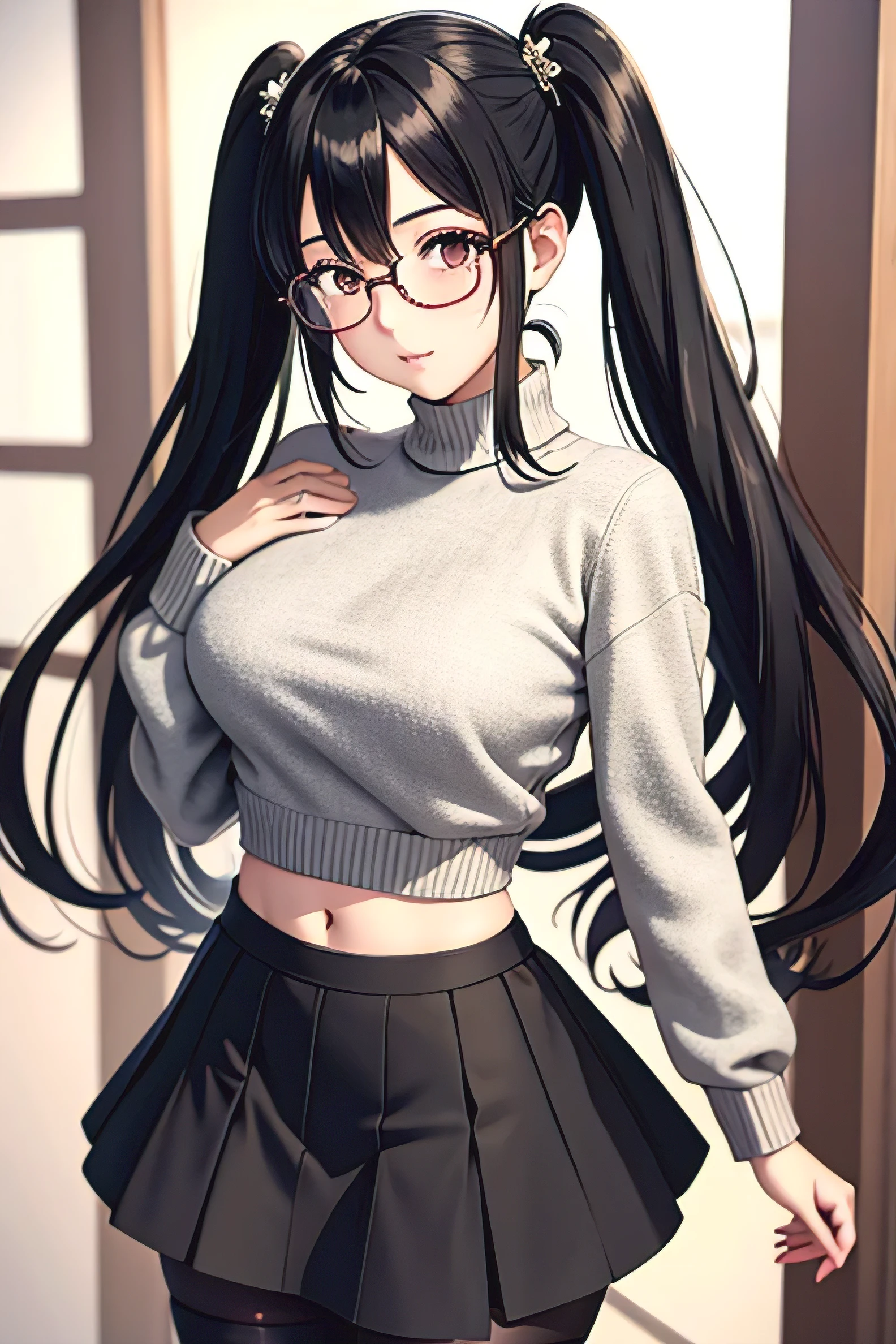 there is a cute anime like picture of girls with anime styled clothing, multiple girls, ring, pantyhose, 3girls, thighhighs, glasses, wedding ring, black hair, skirt, , jewelry, sweater, twintails, blush, breasts, midriff, navel, long hair, mature female