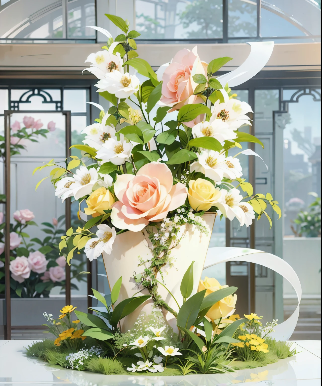 Designing an indoor garden with lush greenery and white roses creates a serene atmosphere that summons the notion of spring at the entrance of the Meijao Wukang Mansion in Fuzhou. The design is surrounded by pale yellow roses to symbolise vibrancy. HD quality, high detail, very detailed, delicate, architectural shots, surrealism, Unreal Engine 5