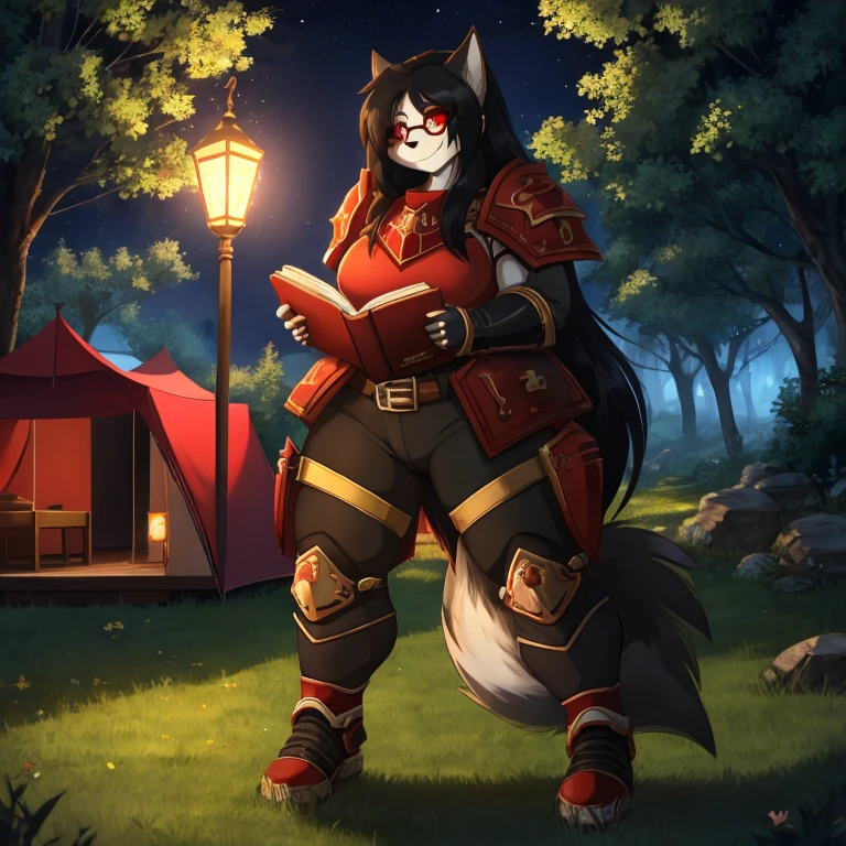 Young sits on the grass and reads a book, Long black curly hair, To wear glasses, Tender smile, Bright brown eyes, Looking at the sky, lamp light, whole body, Under a huge tree, distant view, Tent in the background, starry sky, Illuminated Night, Photographic Effect, 8 k, Super detailed, hyperrealistic, Female Furry cat+red eyes black hair with red-scarlet tips of hair tall, a little plump+ in black knight's armor face covered in blood face gloomy and serious+in the forest, one fire, dead demons lie on the ground+smoke from the fire+anime, huge muscled furry, wolf girl in power armor sister of battle, warhammer 40k, aesthetics of the female body, Full-length front view