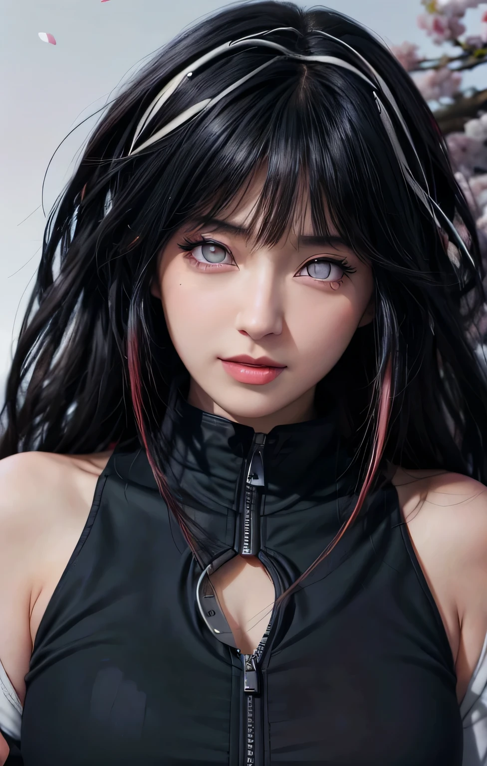 tmasterpiece， Best quality at best， 1girll， Hinata Hyuga ， Large breasts，Off-the-shoulder attire，（cleavage)，（upperbody closeup)，Raised sexy，is shy，ssmile，with black hair， long whitr hair， （Green eyeballs:1.4)， Forehead protection， the cherry trees，Cherry blossoms flying，Red clothes，Zipper half ,realisticphoto ,animerealitic, realistic , perffeck charakter , quality detail , ultra high , anime from realistic , shoflen byakugan ,