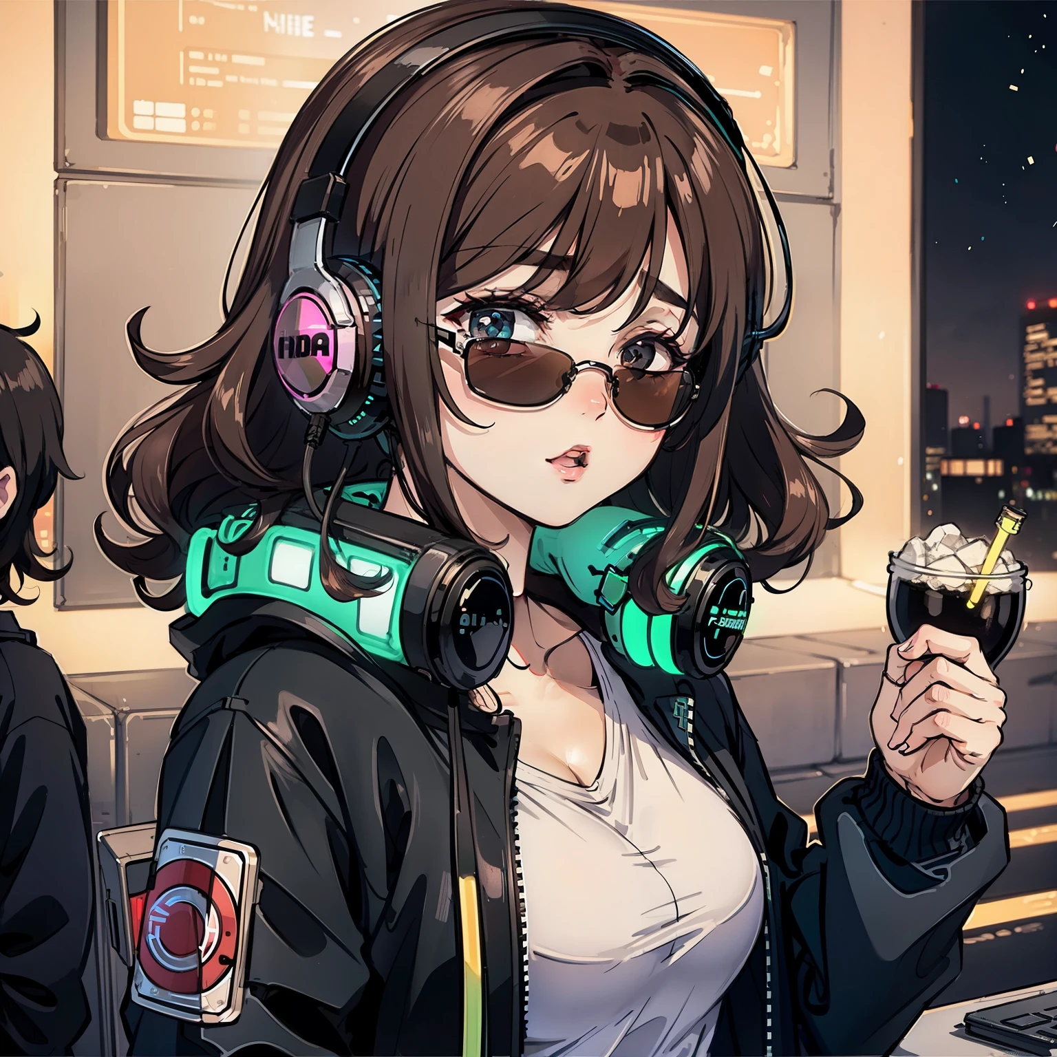 brown hair . beautiful woman，Curly hair and sunglasses，Wearing full size headphones - headphones or surround dark room neon cyberpunk at night coordinator neon glow