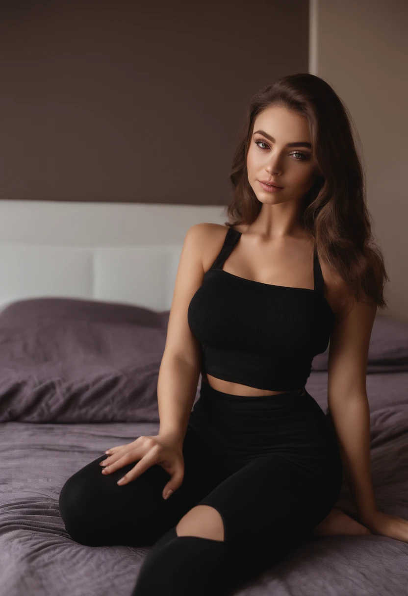 arafed woman with black clothes, sexy girl with brown eyes, portrait sophie mudd, brown hair and large eyes, selfie of a young woman, bedroom eyes, violet myers, without makeup, natural makeup, looking directly at the camera, face with artgram, subtle makeup, stunning full body shot, in bedroom, cleavage