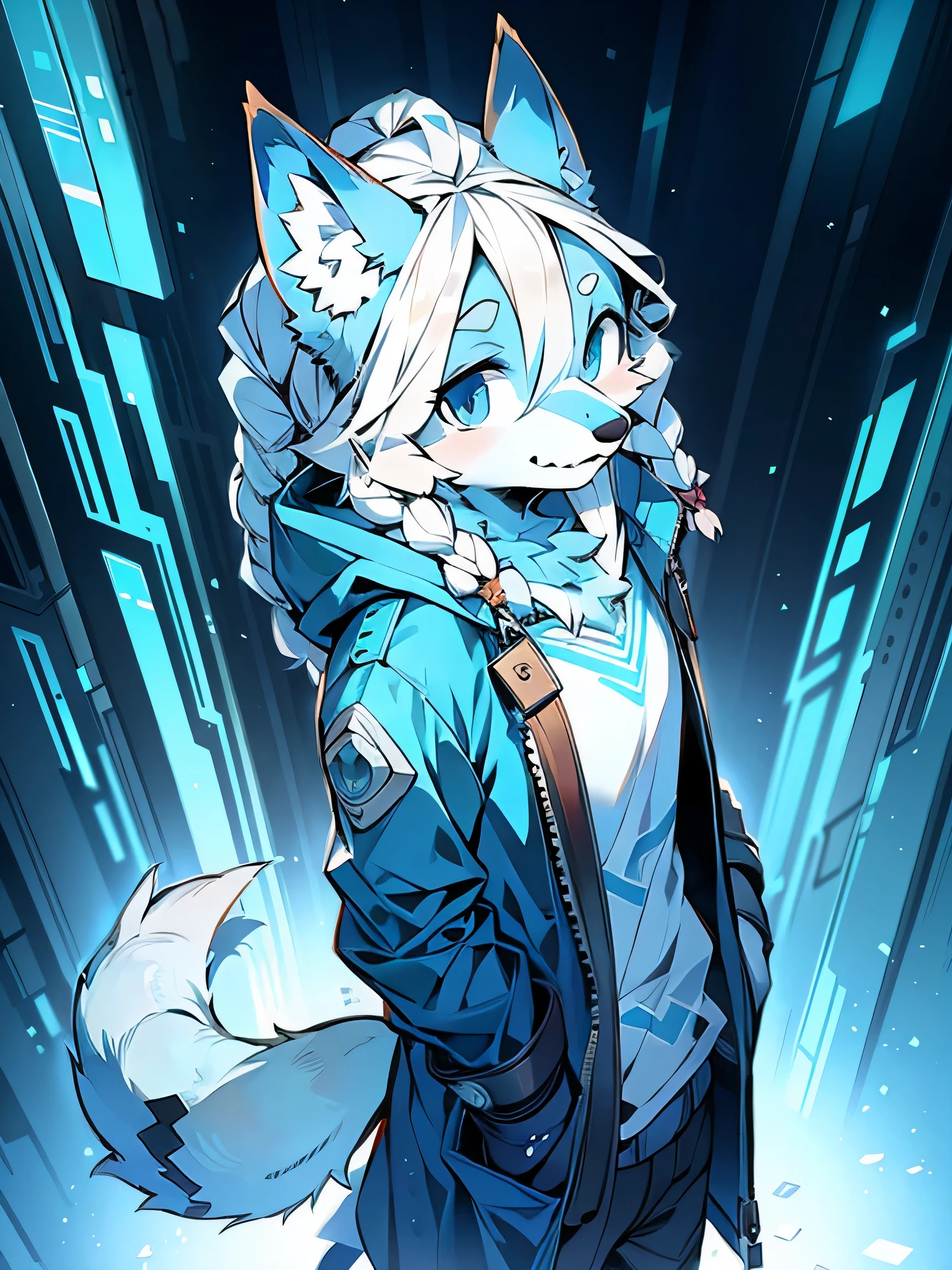Rystal, Star Fox, Male, (A detailed), fluffly, Solo, , fotorealistisch, ((clear structural details)), Meticulous and realistic, detailed eyes, (Turquoise blue pupils), ((Silvery-white glowing eyes)), Evil smile, Smile, slenderness, soft, 4K, Excellent quality, high detal, Detailed fur, ((The tail is in the right place) ,Light blue latex coat,Dreadlocks,Cyberpunk trench coat,no clothes