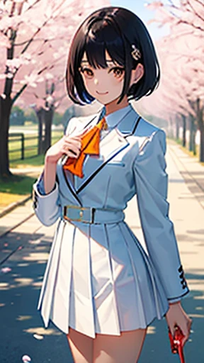 highest quality、realistic、Japanese、girl、cute、smile、orange eyes、short hair、all back、black hair、White blazer with forehead exposed、white blouse、Blue checked pleated skirt、Cherry tree in full bloom