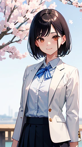 highest quality、realistic、Japanese、girl、cute、smile、orange eyes、short hair、all back、black hair、White blazer with forehead exposed、white blouse、Blue checked pleated skirt、Cherry tree in full bloom