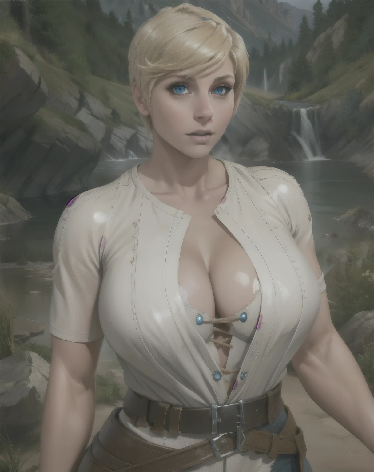 Ranger, blonde hair, blue eyes,  short hair, huge breasts, wide hips,
white shirt, leather armor, cleavage, 
 upper body, standing,  motion lines, 
forest, morning, 
(insanely detailed, beautiful detailed face,beautiful detailed eyes, masterpiece, best quality) 
 