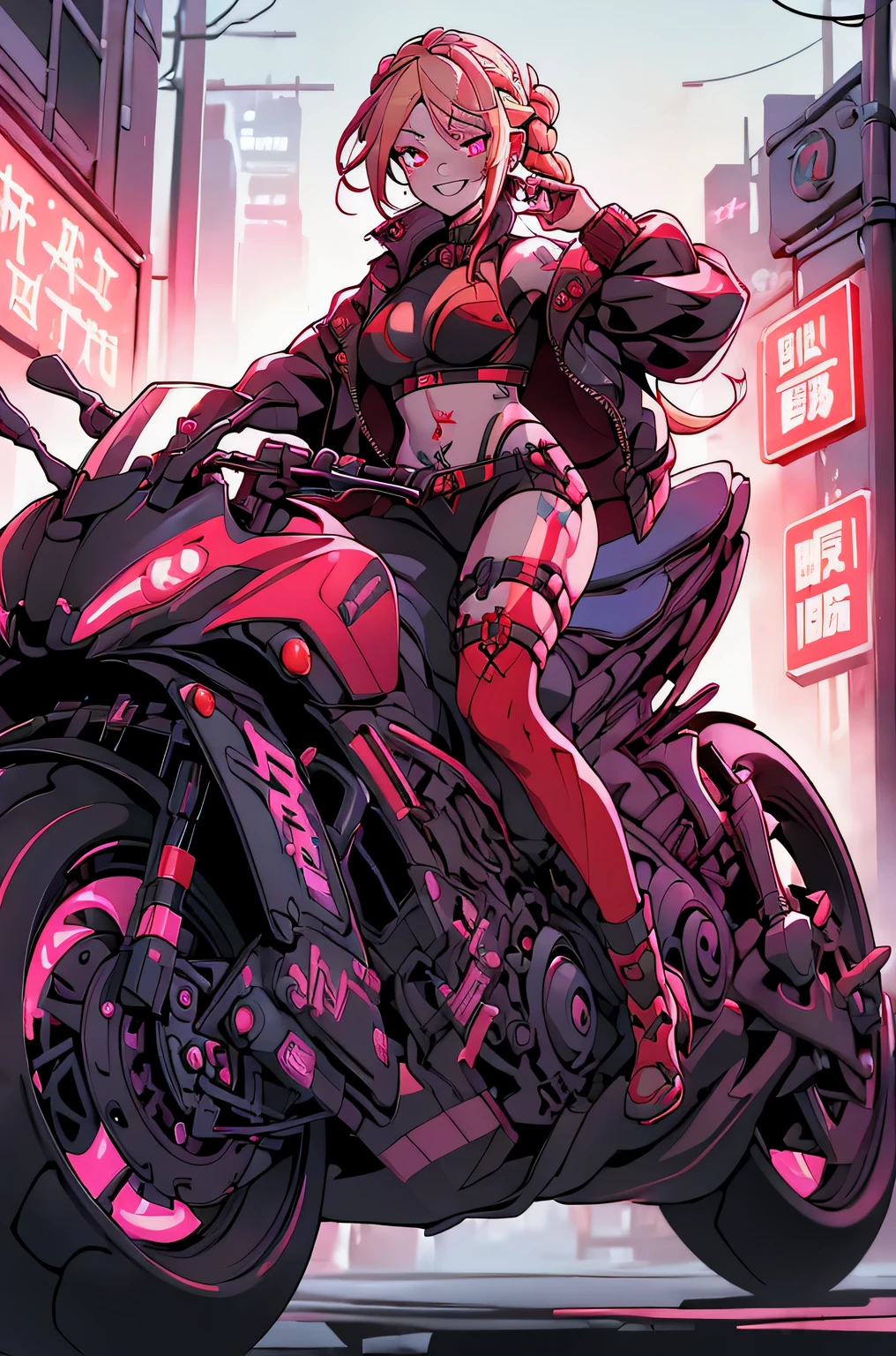 1girl, rebecca \(cyberpunk\), full body, solo, blonde braid hair, glowing red eyes,laugh fearlessly, leg tattoo, neck tattoo, large chest, black bra, thong, red pupils, skin fang, red eyes, black jacket, Straddling a motorcycle、dynamic angle、dynamic pose、