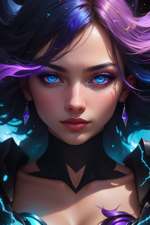 A stunning woman surrounded by a swirling nanodusty plasma in electric blue and vibrant purple, (close up:1.5), vibrant colors, surreal and mysterious, hyperrealistic, modern art, digital painting, trending in Artstation, cinematic lighting, and dynamic composition.