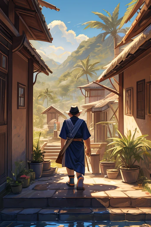 a simple but beautiful house in Indonesian village style, 1 floor, made of bamboo, shady trees on the edge, there is an old bicycle in front of the house, green grass, there is a waterfall in the background, clouds, clear sky. painting style, bold coloring