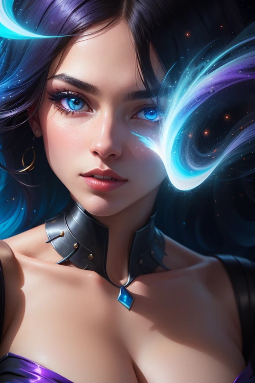 A stunning woman surrounded by a swirling nanodusty plasma in electric blue and vibrant purple, (close up:1.6), vibrant colors, surreal and mysterious, hyperrealistic, modern art, digital painting, trending in Artstation, cinematic lighting, and dynamic composition.