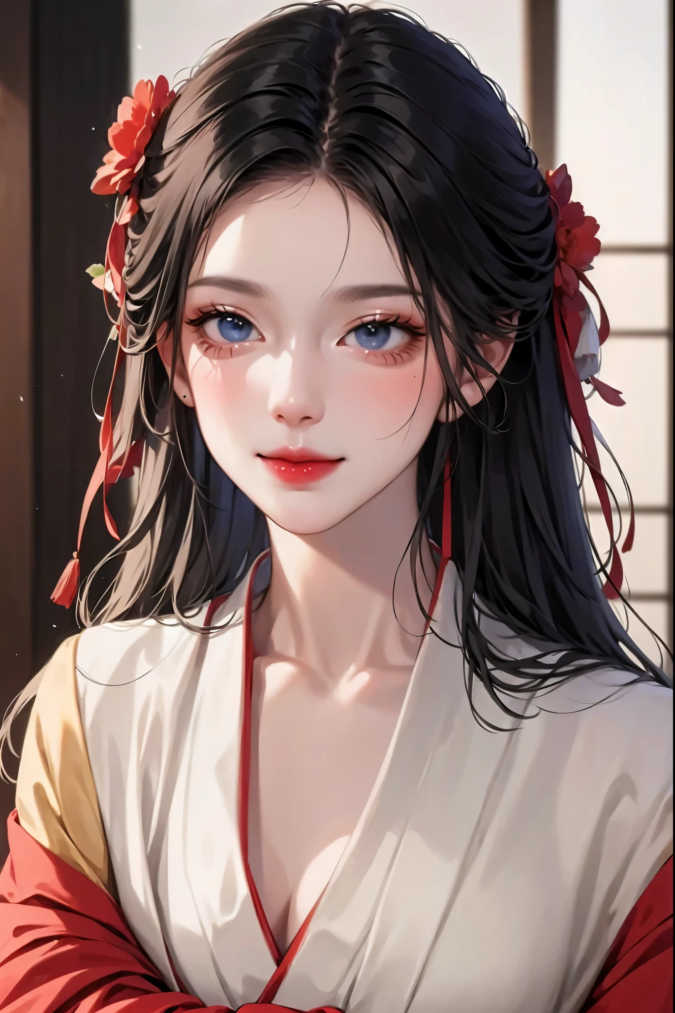 masterpiece,highest quality,disorganized,original,very delicate and beautiful,Beautifully detailed eyes and face,1 girl, black hair, kimono, looking at the viewer, alone, (shiny skin),(masterpiece:1.4),(highest quality:1.4),realistic,robber girl,mature woman,mature woman,smile,closed mouth