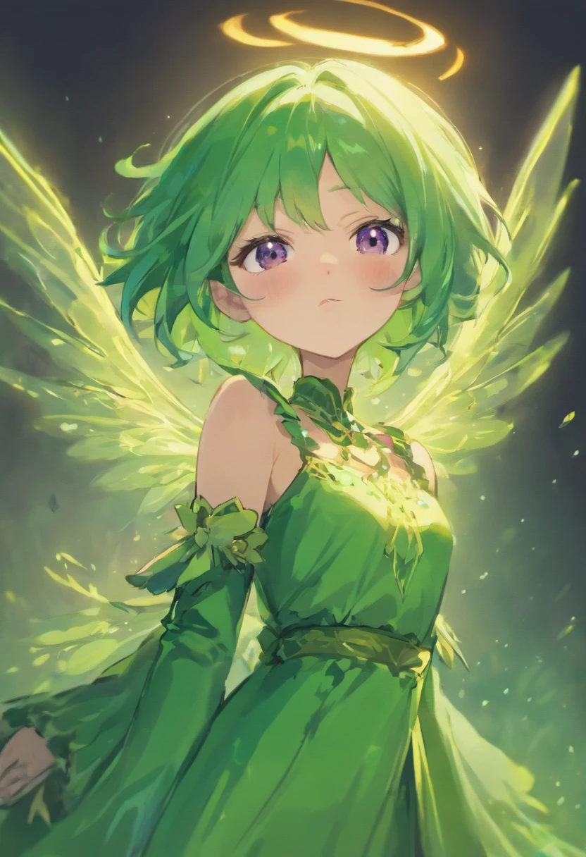 Green hair fairy women, short, purple wings. Very cute and small. She looks mean. Fair skin japanese. She looks fragile but strong