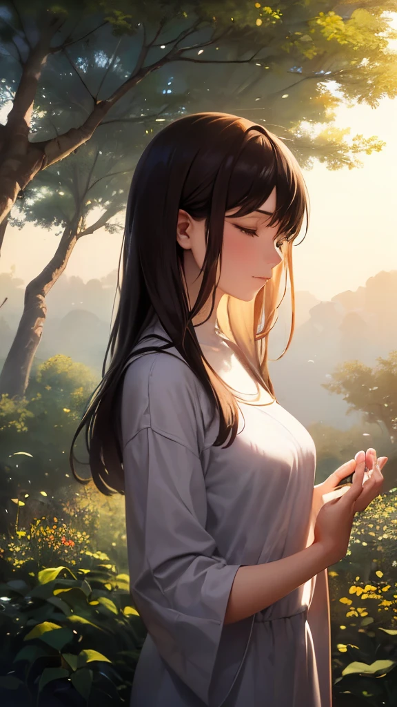 meditative,Girl in a serene landscape,closed my eyes, peaceful environment, Calm atmosphere,tranquility,silence,soft sunlight,Gentle breeze,Blissful Heart,Inner peace,tranquility,calm colors,natural scenery,Floating feeling,rest,harmony,relaxation...(highest quality,High resolution,Super detailed),Landscape painting,realistic artwork,impressionist style,soft brush strokes,Subtle color blends,Bright colors,play of light and shadow,ethereal,Spiritual Experiences...