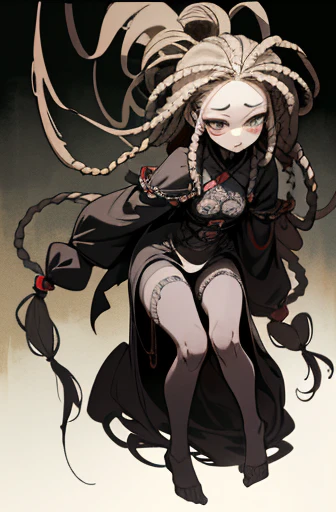 ((Girl with dreadlocks)), scribble, nightmare, doll-like face, cartoon style, rough sketch, , (masterpiece), (High resolution), (super delicate), (clear), Comic book style illustrations,(Horror elements), Japanese painting illustration, full body,(snap shot),crazy illustration, antique, dark atmosphere, flat illustration, creepy appearance, Characteristic hairstyle, creative accessories, Unique atmosphere、