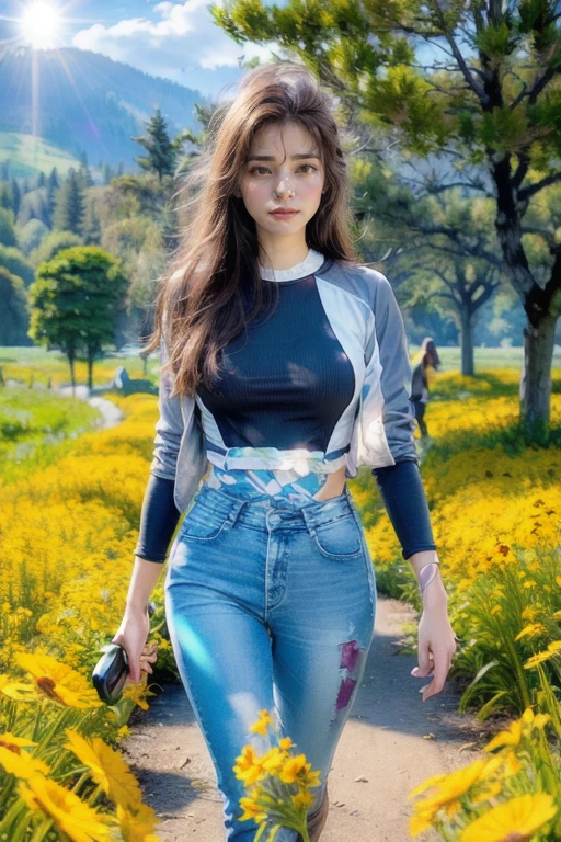 (realistic:1.3), finely detailed, quality, rembrandt lighting, (masterpiece:1.2), (photorealistic:1.2), (best quality), (detailed skin:1.3), (intricate details), dramatic, ray tracing, 1girl, american white girl, blonde hair, 21 years old, medium breasts, (Meadow, Sun, Clouds, Field, Farming, Starlight, Walking trail)