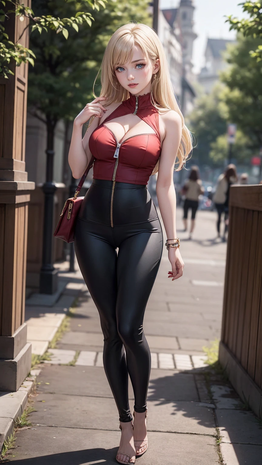 ((最high quality, 8K, masterpiece: 1.3, Ultra HD, high quality, 最high quality, High resolution, realism)) 、25 year old white woman、platinum blonde、blue eyes、long hair、smile、slender、slenderだがアスリートのような細マッチョ、I don't want my head to disappear from the screen.、Accessorize your wrist、Wearing red nail polish、I have a peticure、Wear a high-neck zipper-up top、Zipper that shows cleavage((zipper))Open、low-rise stirrup pants((stirrup pants))wear、ピンヒールwear、Beautiful breasts、Beautiful buttocks、Beautiful waist、smile、Standing against the ivy-covered stone walls of the old town、Have a smartphone、nipple protrusion((nipple protrusion))、Erotic((erotic))