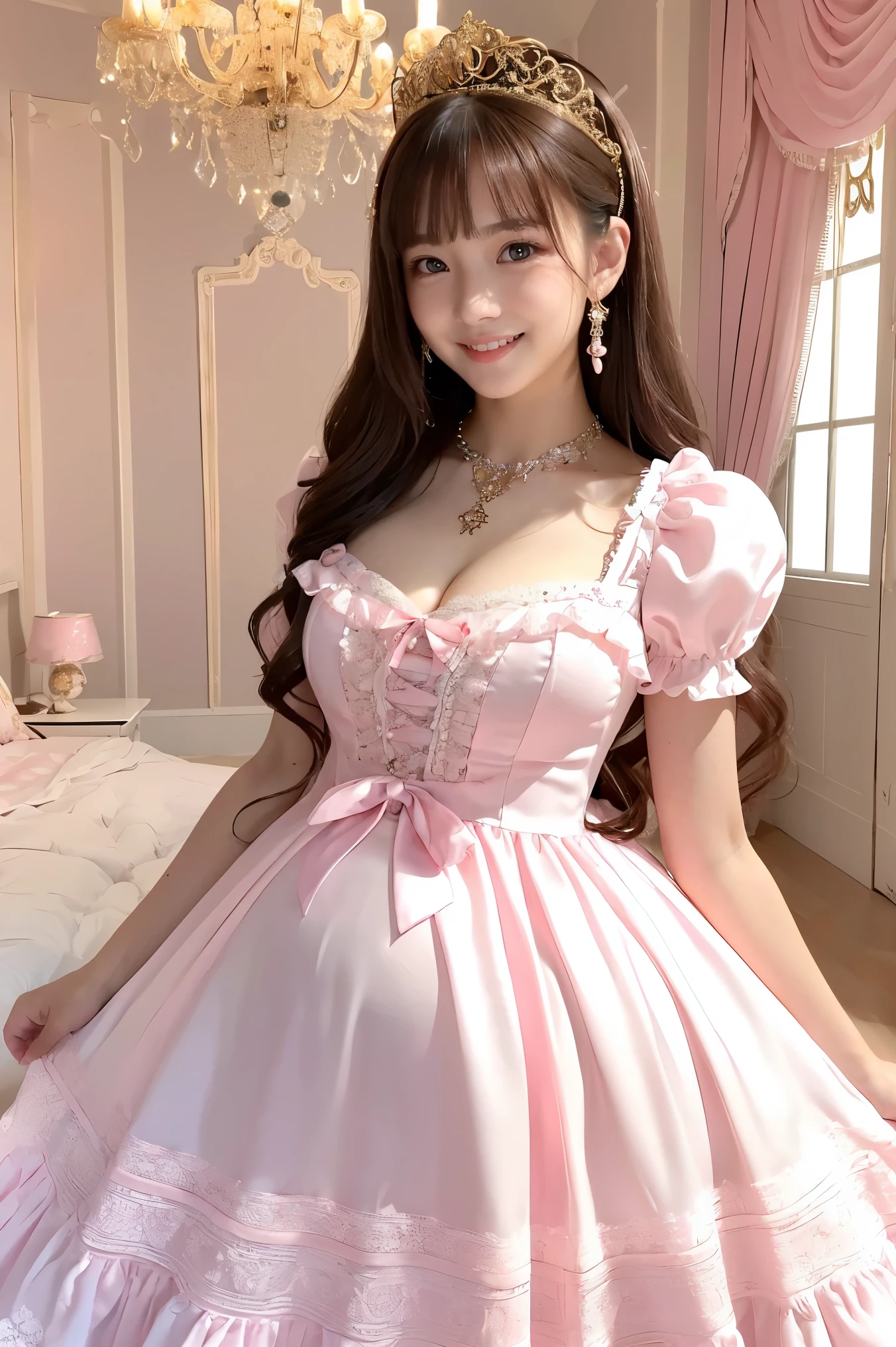 (highest quality、masterpiece、8K、best image quality、hyper realism、Award-winning work)、1 cute lolita princess、(solo:1.1)、(1 photo:1.1)、(A girly and cute high-end light pink Lolita princess dress:1.2)、(Cute big ribbon on the chest:1.1)、(The most extravagant and luxurious giant princess tiara:1.1)、(Huge jewellery:1.1)、(The most luxurious and finest huge princess jewelry necklace:1.1)、(A top-notch Lolita princess dress with intricate jewelry detailing:1.2)、(Very intricate and detailed lace decoration:1.1)、(A very intricate and elaborately decorated dress:1.1)、(The most extravagant Lolita princess dress with cute frills and ribbons:1.1)、(The most luxurious Lolita princess dress with lovely lace decoration:1.1)、(Cute girly lolita wavy hair:1.1)、(The finest, most beautiful and shining chandeliers:1.2)、(low length:1.1)、(Height: 140cm:1.1)、(very big breasts:1.2)、(cleavage:1.1)、(Cute heart symbol:1.1)、Lots of cute frills、emphasize body line、slender body、Standing gracefully、(The most luxurious and luxurious lolita princess room background in pink and white:1.1)、(Intricately detailed top-of-the-line pink, white and gold Lolita princess room:1.1)、(A luxurious princess room with the most extravagant and girly atmosphere:1.2)、(The most gorgeous and gorgeous pink Lolita princess room:1.2)、(very bright and vivid:1.4)、(Bright and shiny dress:1.2)、(A very bright and sparkling white and pink princess room:1.4)、(The most extravagant and highly decorated, luxurious walls:1.1)、A girl standing gracefully、accurate anatomy、perfect makeup、long eyelashes、glossy lips、Ultra high definition glossy skin、(Ultra-high definition bright and beautiful skin:1.3)、超高精細のglossy lips、Super high definition beautiful teeth、Ultra HD beautiful light brown hair、(Huge belly in late pregnancy:1.2)、(Body facing straight ahead:1.1)