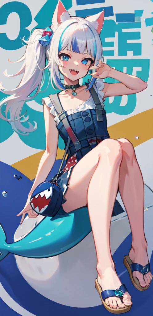 masterpiece, high quality, houshouBikini, highres, absurdres, ultra-detailed, detailed eyes, 8k, ti-emb_kobo-kanaeru, 1girl, colorful eyes, fangs, open mouth, bangs, colorful background, looking at viewer, vibrant, contrast, gradient hair, happy, graffiti wall background, water splash, close up, small breast, 2d, masterpiece, best quality, anime, highly detailed, full body, 1girl, solo, gura_neko, blue dress, cat ears, side ponytail, cube hair ornament, sandals, :d, sharp teeth, shark tail, shoulder bag, shore town