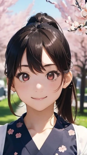 highest quality、realistic、Japanese、girl、whole body、looking at the camera、cute、smile、orange eyes、long hair、black hair、ponytail、blue cheongsam、blue cheongsam、Cherry tree in full bloom
